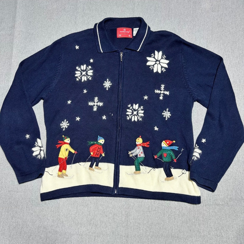 Vintage Holiday Lodge Skiing Snowflake Zip Cardigan L Blue Christmas Grandmacore